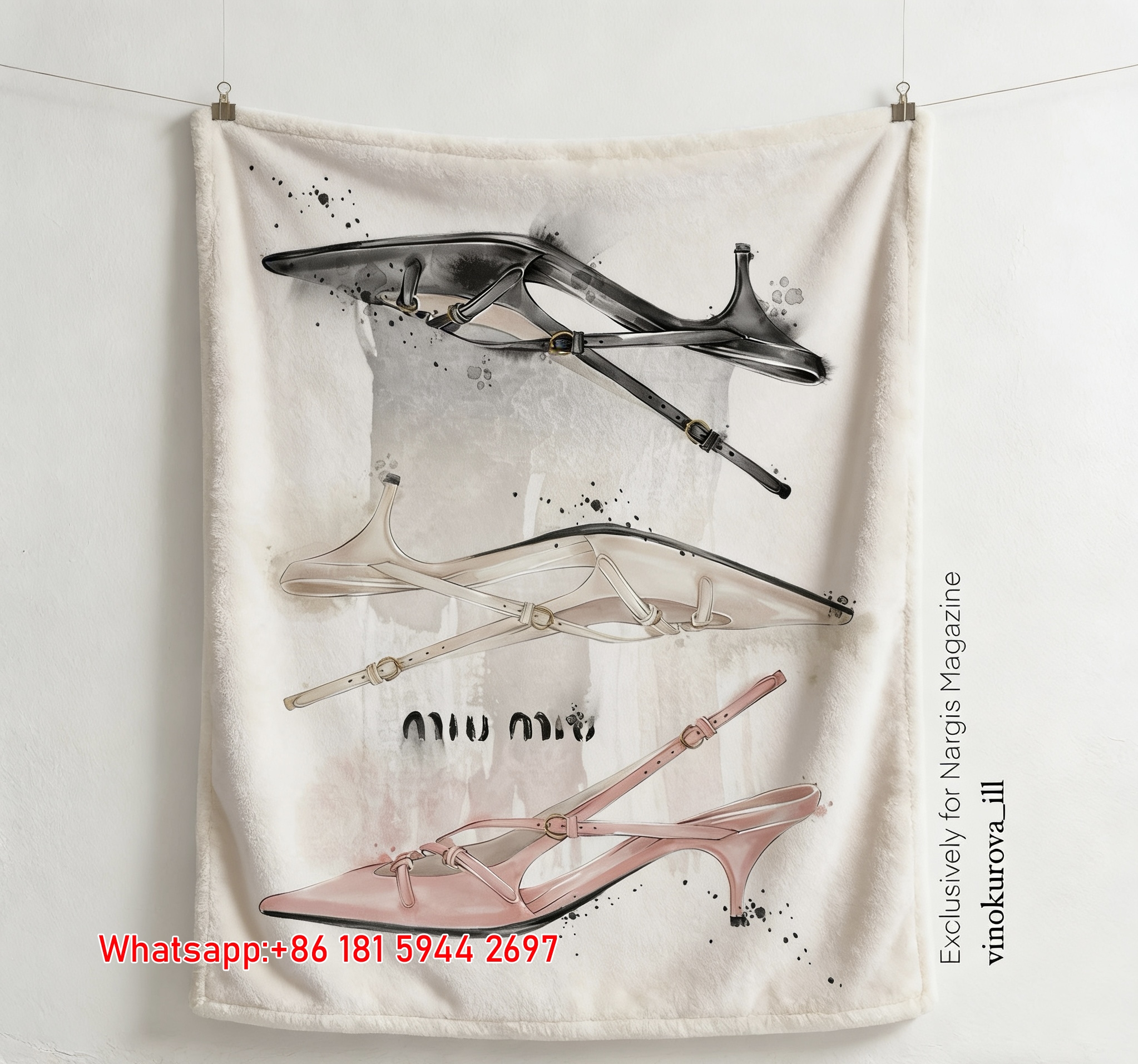 MiuMiu Pink & Black Slingback Heel Watercolor Print Flannel Sofa Throw Blanket – Elegant Neutral Tone IMG_0498